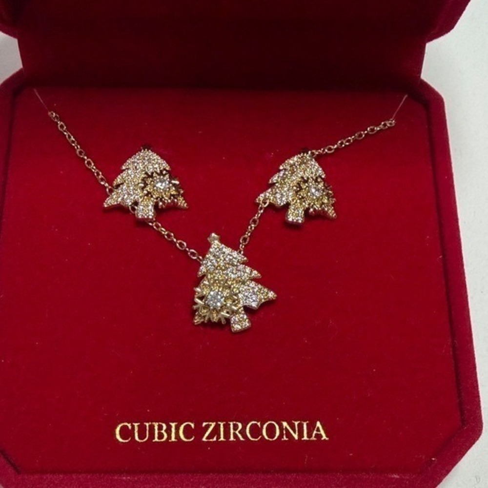 Danecraft Gold Plated Cubic Zirconia Christmas Tree‎ Necklace and Earrings Set